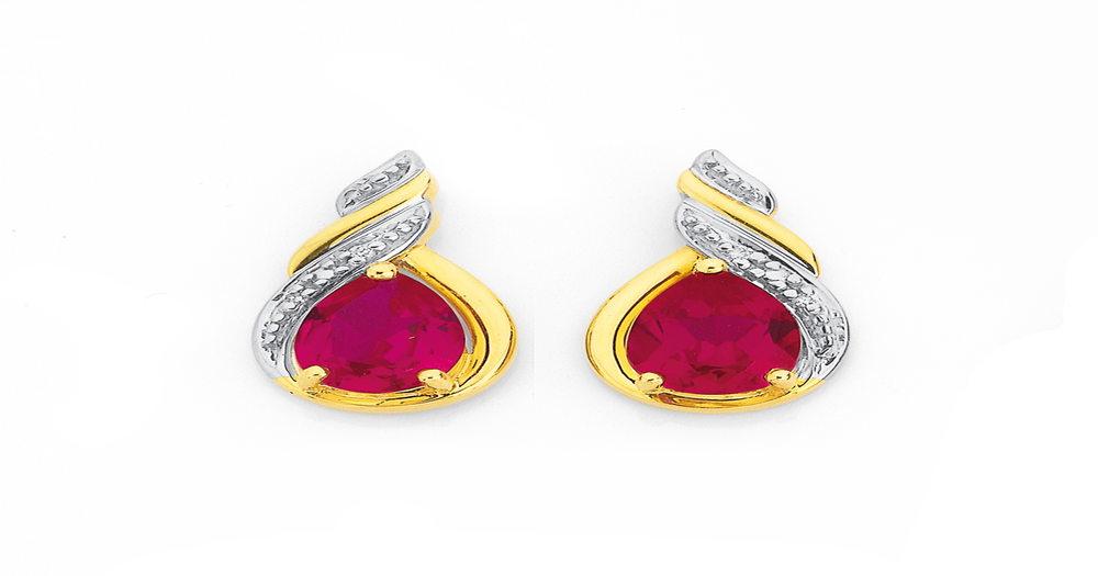 9ct Created Ruby & Diamond Swirl Drop Stud Earrings in Red | Prouds