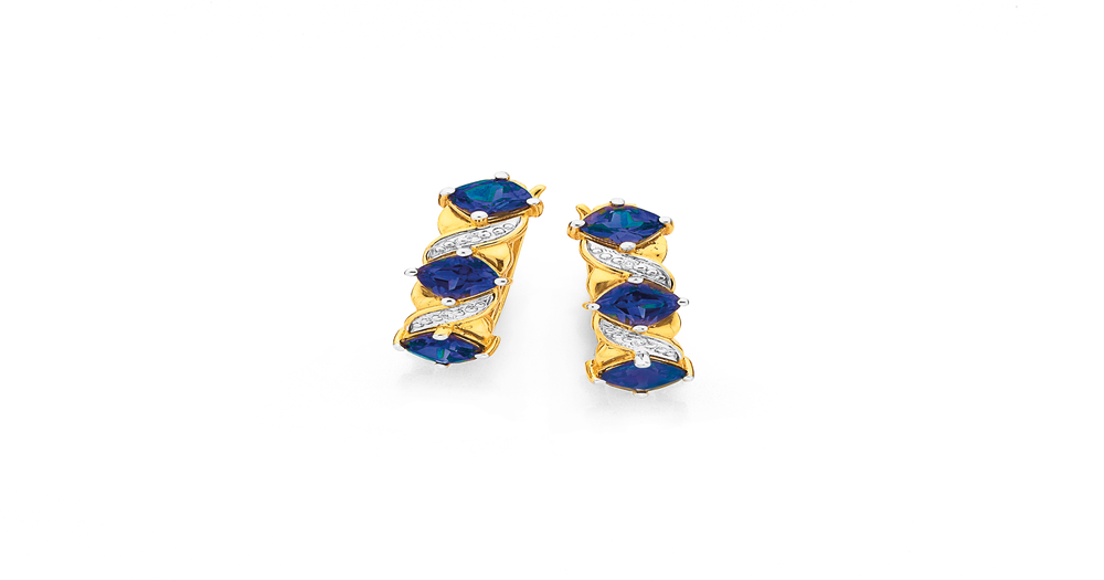 9ct Created Sapphire & Diamond Huggie Earrings in Blue | Prouds