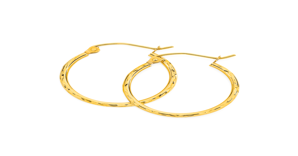 9ct Gold 1.5x15mm Diamond-cut Hoop Earrings | Prouds