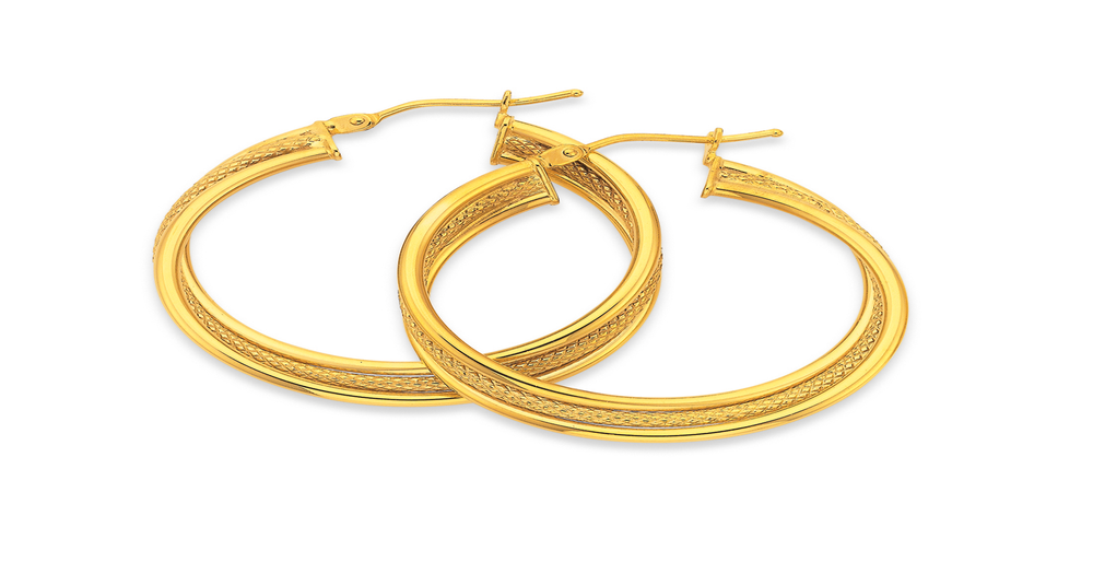 9ct Gold 25mm Plain & Patterned Triple Hoop Earrings | Prouds