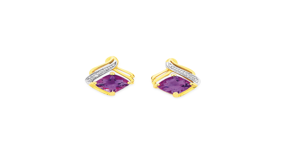 9ct Gold, Amethyst & Diamond Stud Earrings in Purple | Prouds