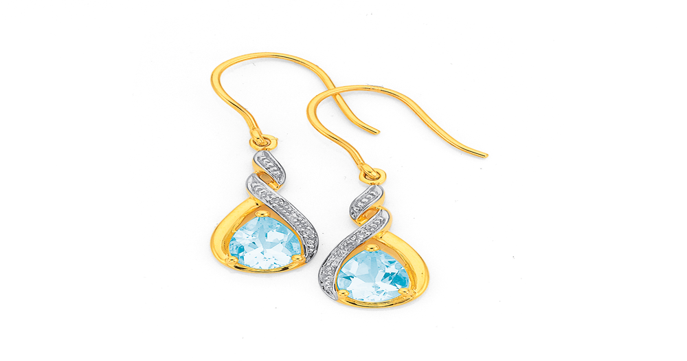 9ct Gold Aquamarine & Diamond Drop Earrings in Blue | Prouds