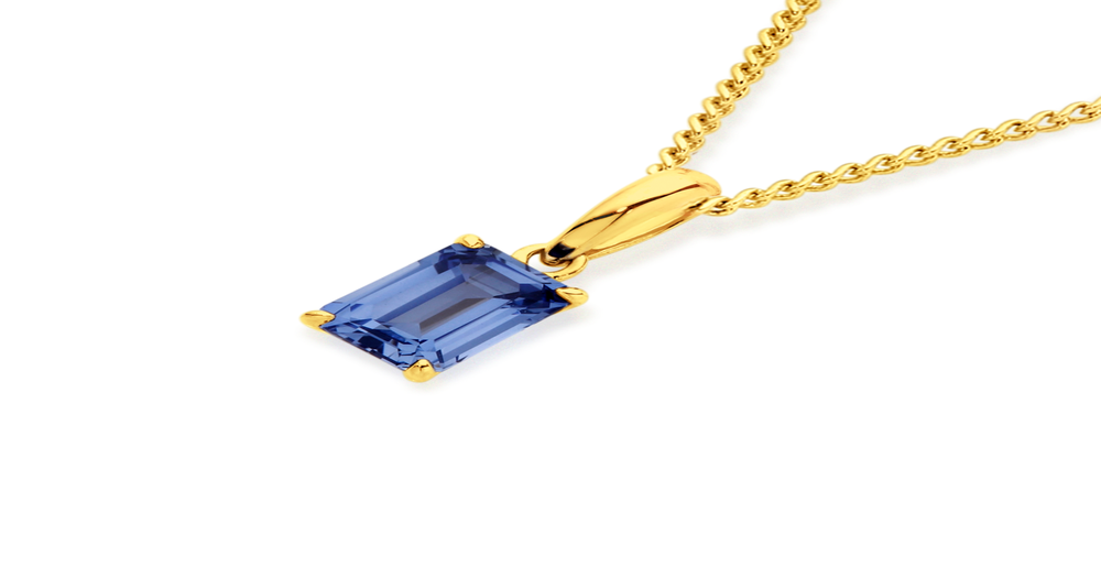 9ct Gold Created Ceylon Sapphire Emerald Cut Pendant in Blue | Prouds