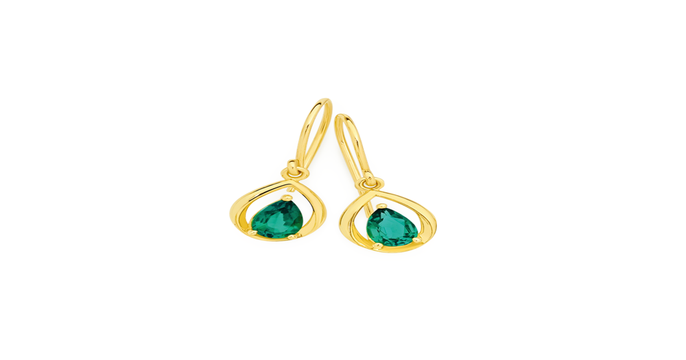 9ct Gold Created Emerald Hook Earrings in Green | Prouds