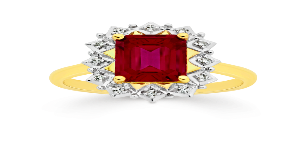 9ct Gold Created Ruby & Diamond Frame Ring in Red | Prouds