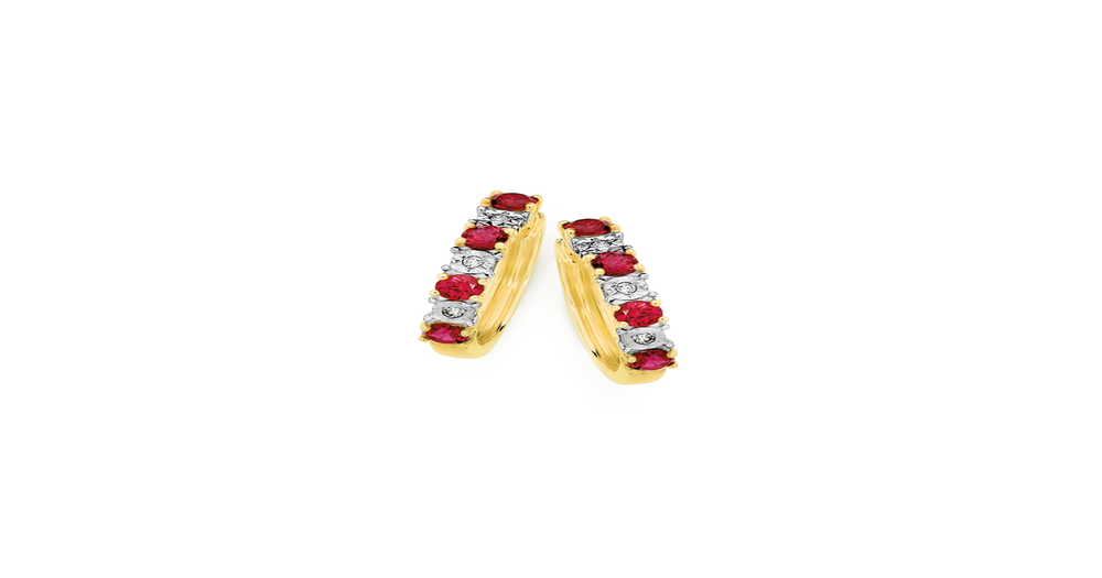 9ct Gold Created Ruby & Diamond Huggie Earrings in Red | Prouds