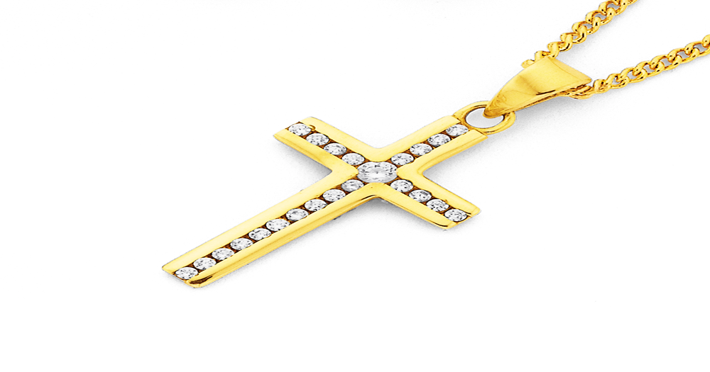 9ct Gold, Cubic Zirconia Cross Pendant in White | Prouds