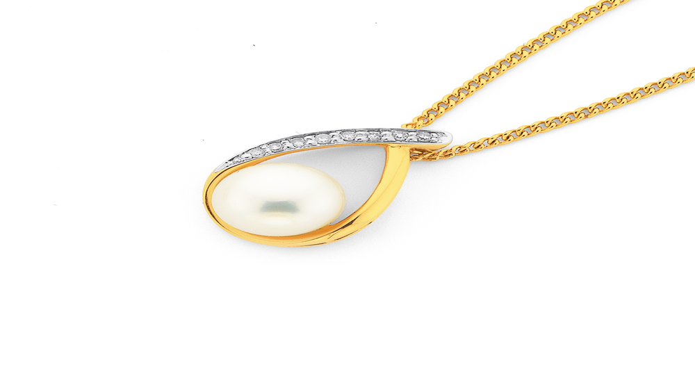 9ct Gold, Cultured Fresh Water Pearl & Diamond Loop Pendant in White ...