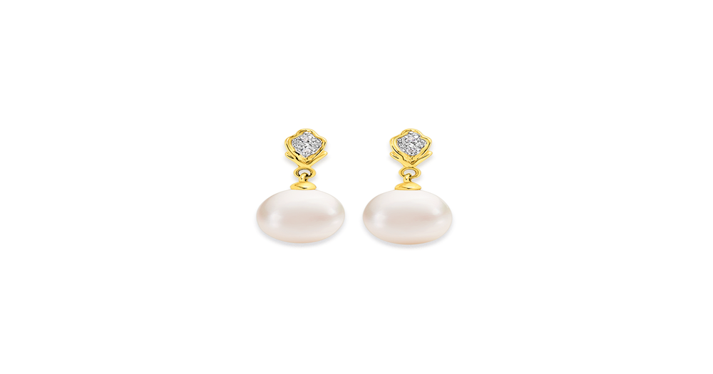 9ct Gold Cultured Freshwater & Diamond Drop Earrings in White | Prouds