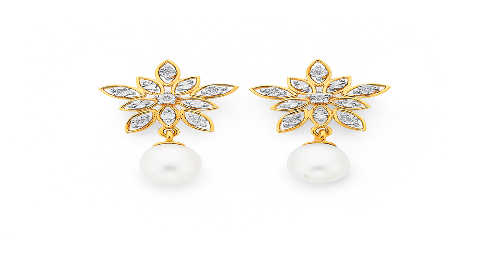 9ct Gold, Cultured Freshwater Pearl & Diamond Flower Stud Earrings in ...