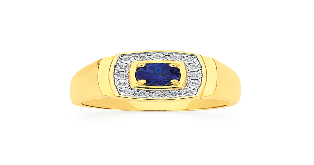 9ct Gold Diamond & Created Sapphire Gents Ring in Blue | Prouds