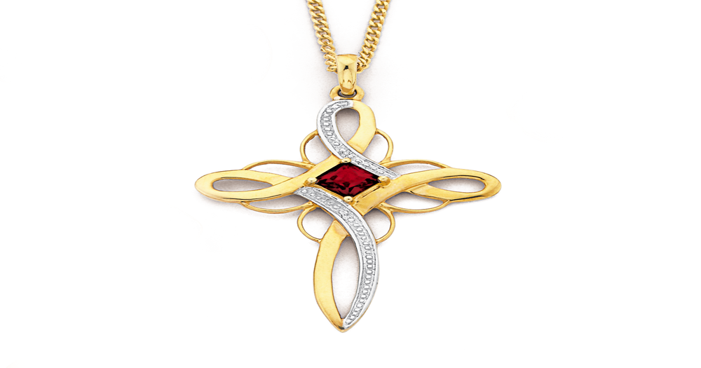 9ct Gold, Garnet & Diamond Princess Cut Cross Pendant in Red | Prouds