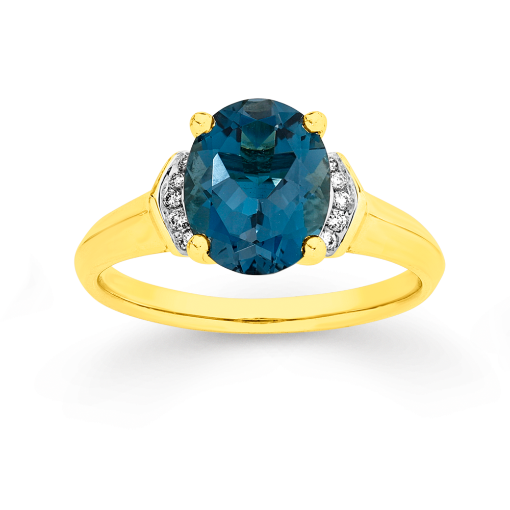 9ct Gold London Blue Topaz Diamond Ring in Blue Prouds