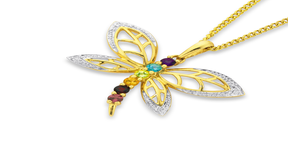 9ct Gold, Multi Gemstone & Diamond Dragonfly Pendant | Prouds