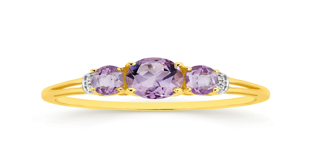 9ct Gold Pink Amethyst & Diamond Oval Cut Trilogy Ring in Purple | Prouds