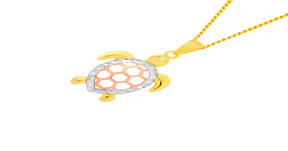 9ct Gold Tri Tone Diamond-cut Edge Open Turtle Pendant 