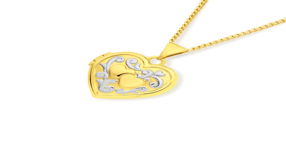 9ct Gold Two Tone 15mm Double Heart Locket 