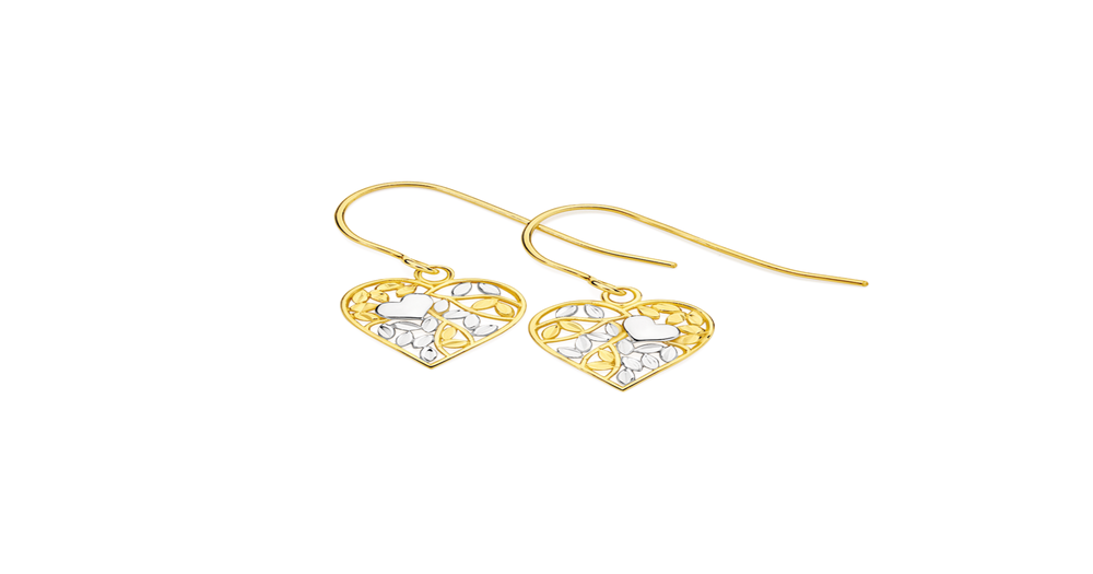 9ct Gold Two Tone Diamond-cut Filigree Heart Drop Hook Earrings | Prouds