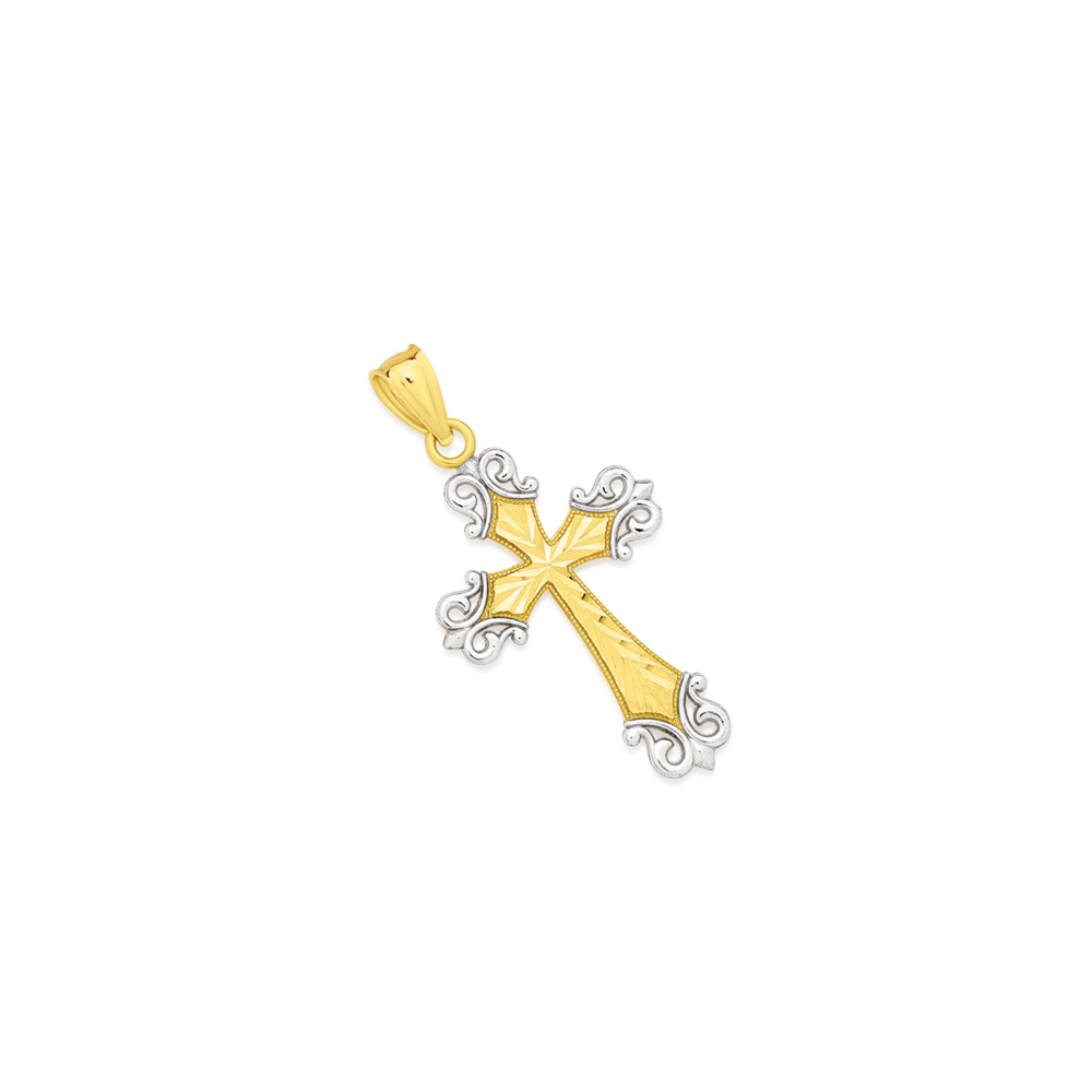 9ct Two Tone Gold 20mm Diamond-cut Cross Pendant | Prouds