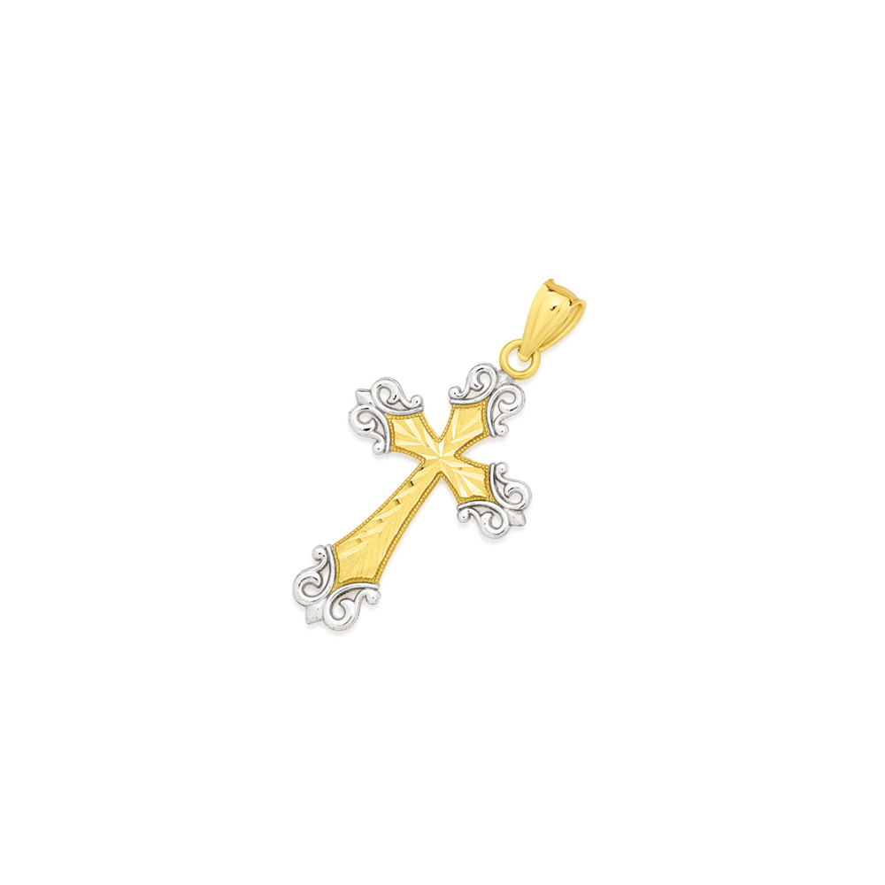 9ct Two Tone Gold 20mm Diamond-cut Cross Pendant | Prouds