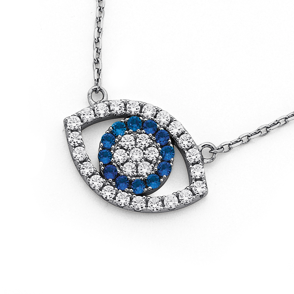 Silver Blue & White Cubic Zirconia Evil Eye Pendant in Blue | Prouds