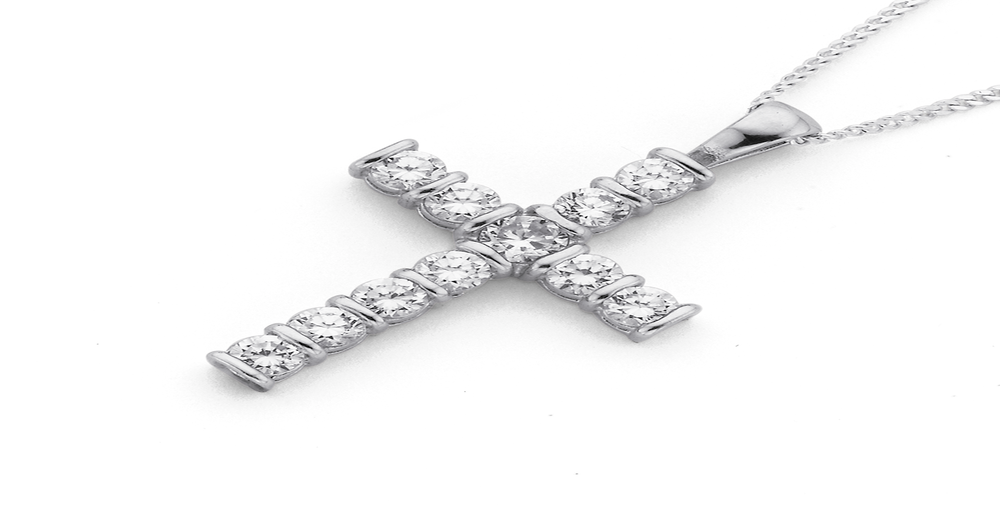 Silver Cubic Zirconia With Bars Cross in White | Prouds