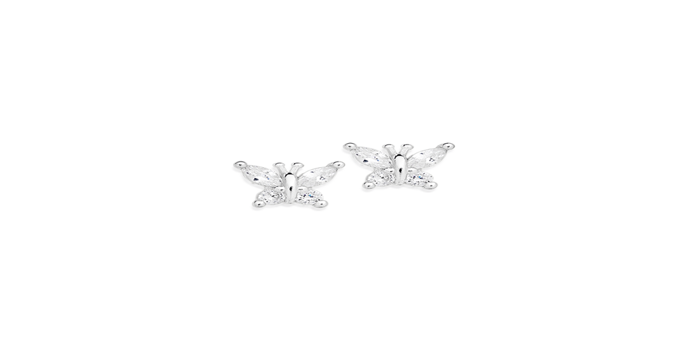 Silver Cz Butterfly Stud Earrings in White | Prouds