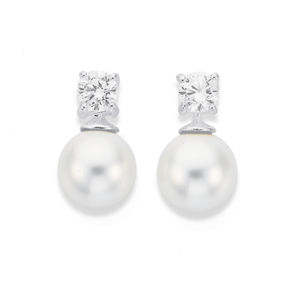 Darcy CZ Diamond and Pearl Stud Earrings, Silver