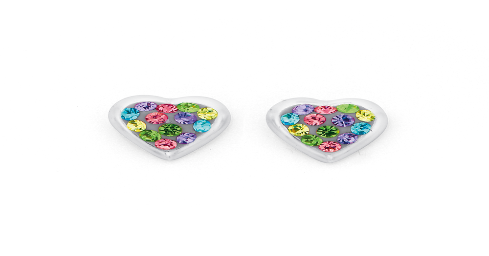 Silver Multi-col Crystal Heart Stud Earrings in Multi-colour | Prouds