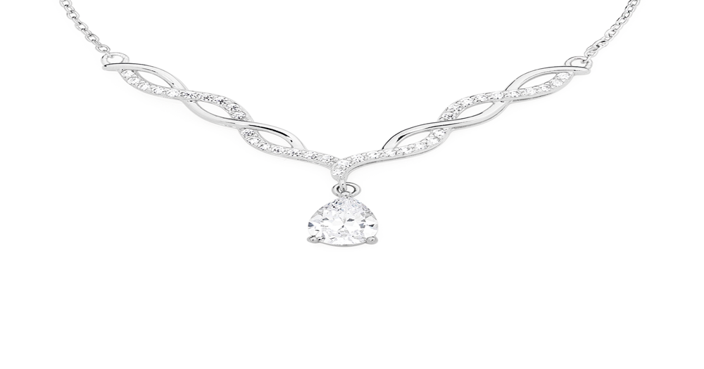 Silver Pear Cz On Cz Twist Necklet in White | Prouds