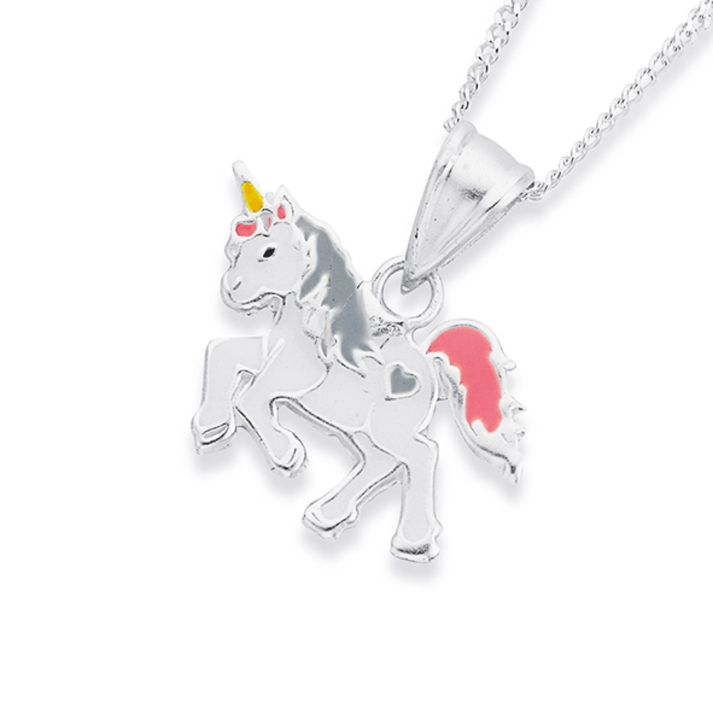 Silver Pink Enamel Unicorn Pendant Prouds