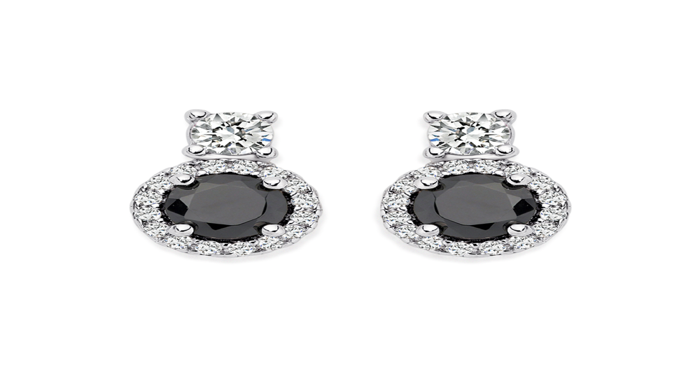 Silver Round Black Cz With Cz Cluster Small Stud Earrings in Blue | Prouds