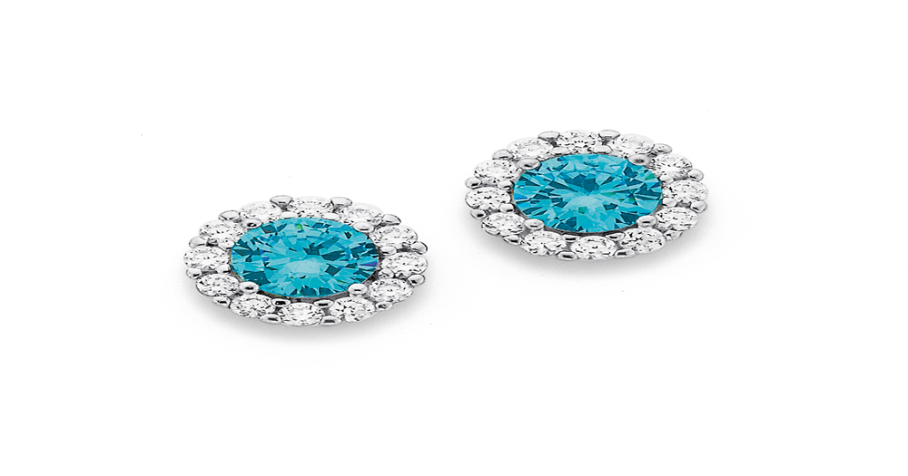 Silver Round Blue Cubic Zirconia Cluster Earrings in Blue | Prouds