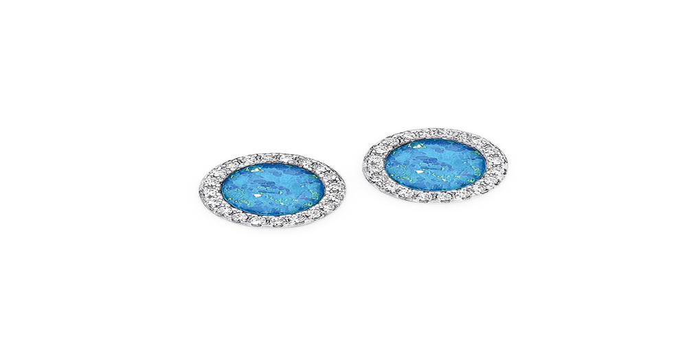Silver Round Synthetic Opal & Cubic Zirconia Stud Earrings in Blue | Prouds