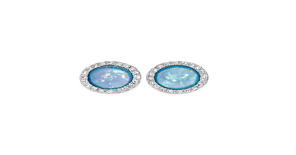 Silver Round Synthetic Opal & Cubic Zirconia Stud Earrings in Blue | Prouds