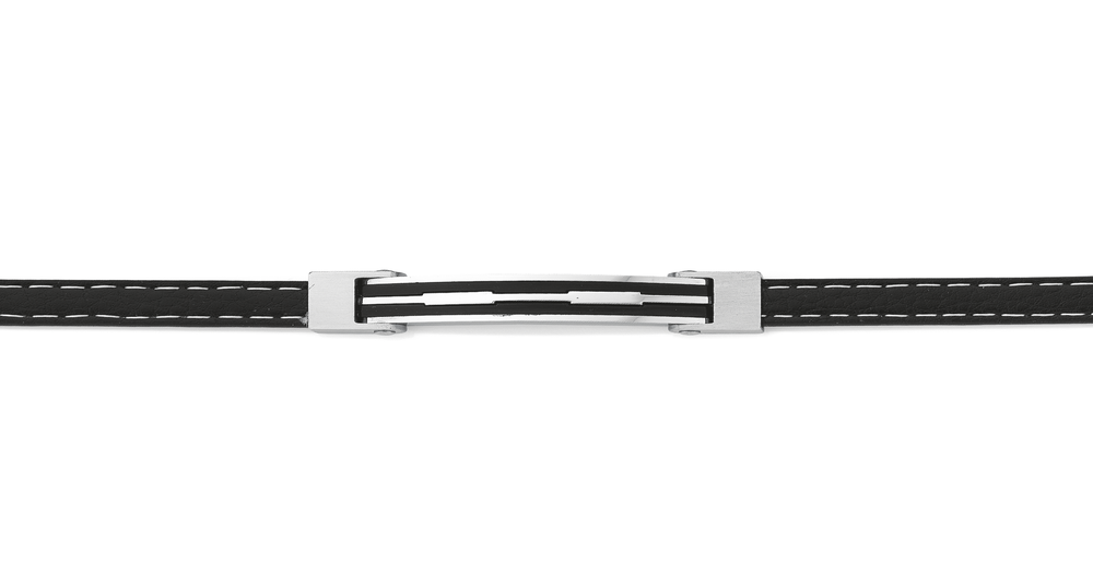 Stainless Steel Stitched Leather Fancy Bar Bracelet | Prouds
