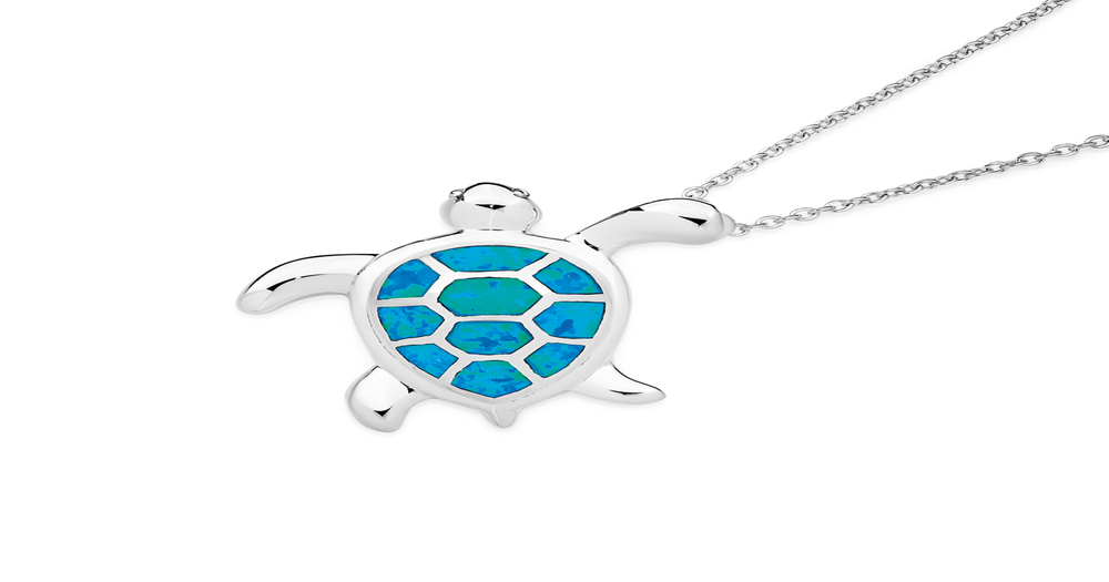 Sterling Silver Blue Simulated Opal Turtle Pendant in Blue | Prouds