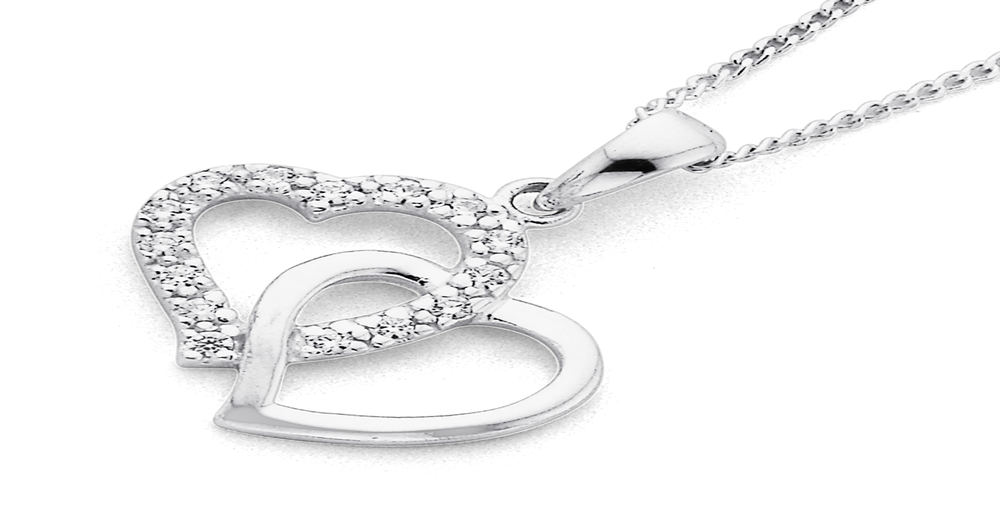 Sterling Silver Cubic Zirconia Interlocking Hearts Pendant in White ...