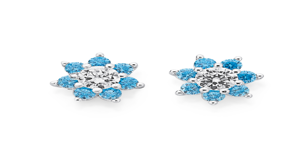 Sterling Silver Cz Flower Earrings in Blue | Prouds