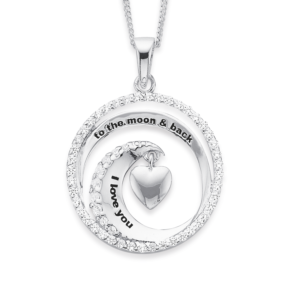 Sterling Silver Cz Moon & Back Drop Pendant in White | Prouds