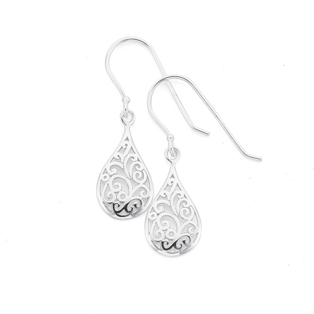 Sterling Silver Filigree Pear Shape Drop Hook Earrings Prouds