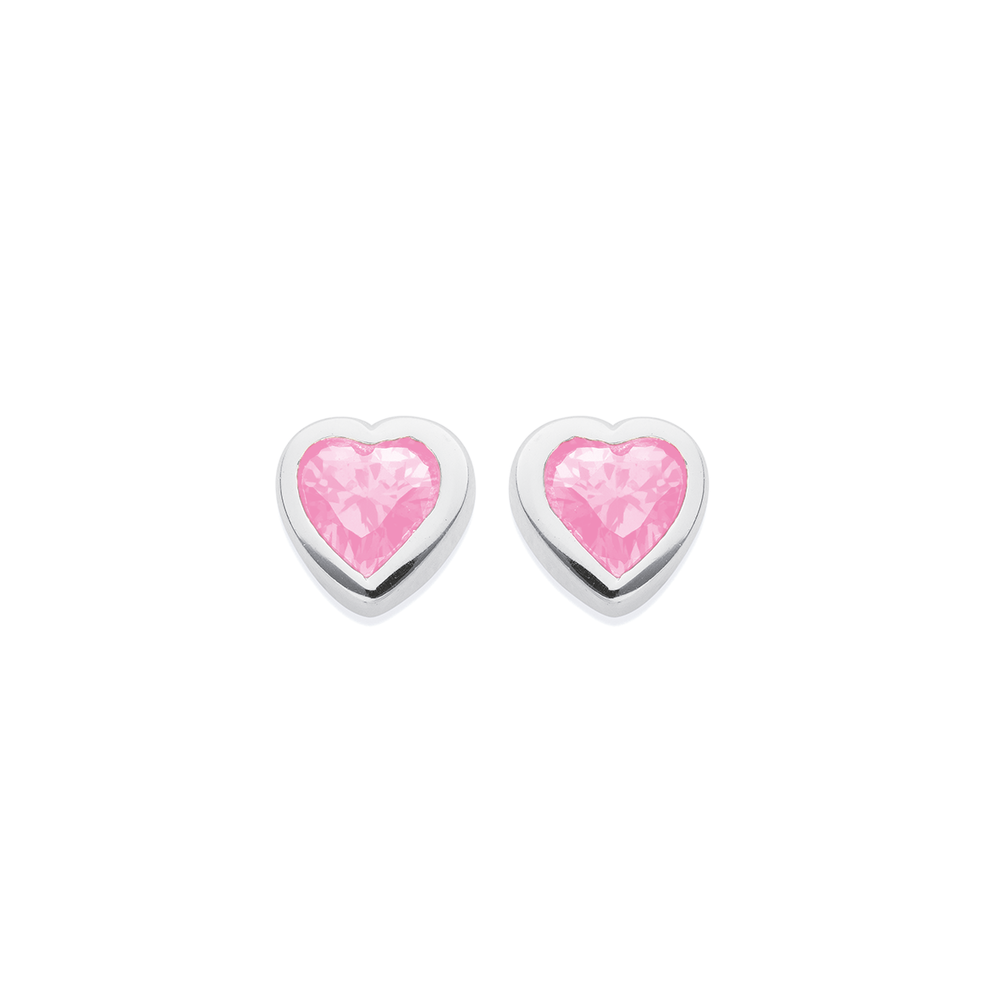 Sterling Silver Pink Cubic Zirconia Heart Studs in Pink | Prouds