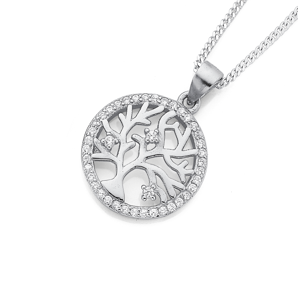 Sterling Silver Round Cubic Zirconia Tree Of Life Pendant in White