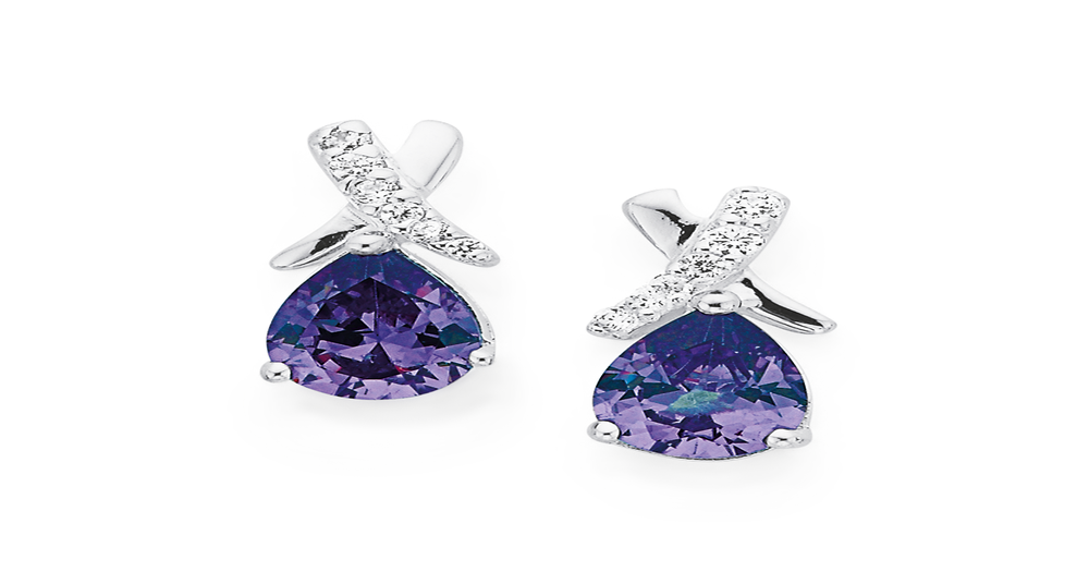 Sterling Silver Violet Cz Pear Kiss Stud Earrings in Purple | Prouds