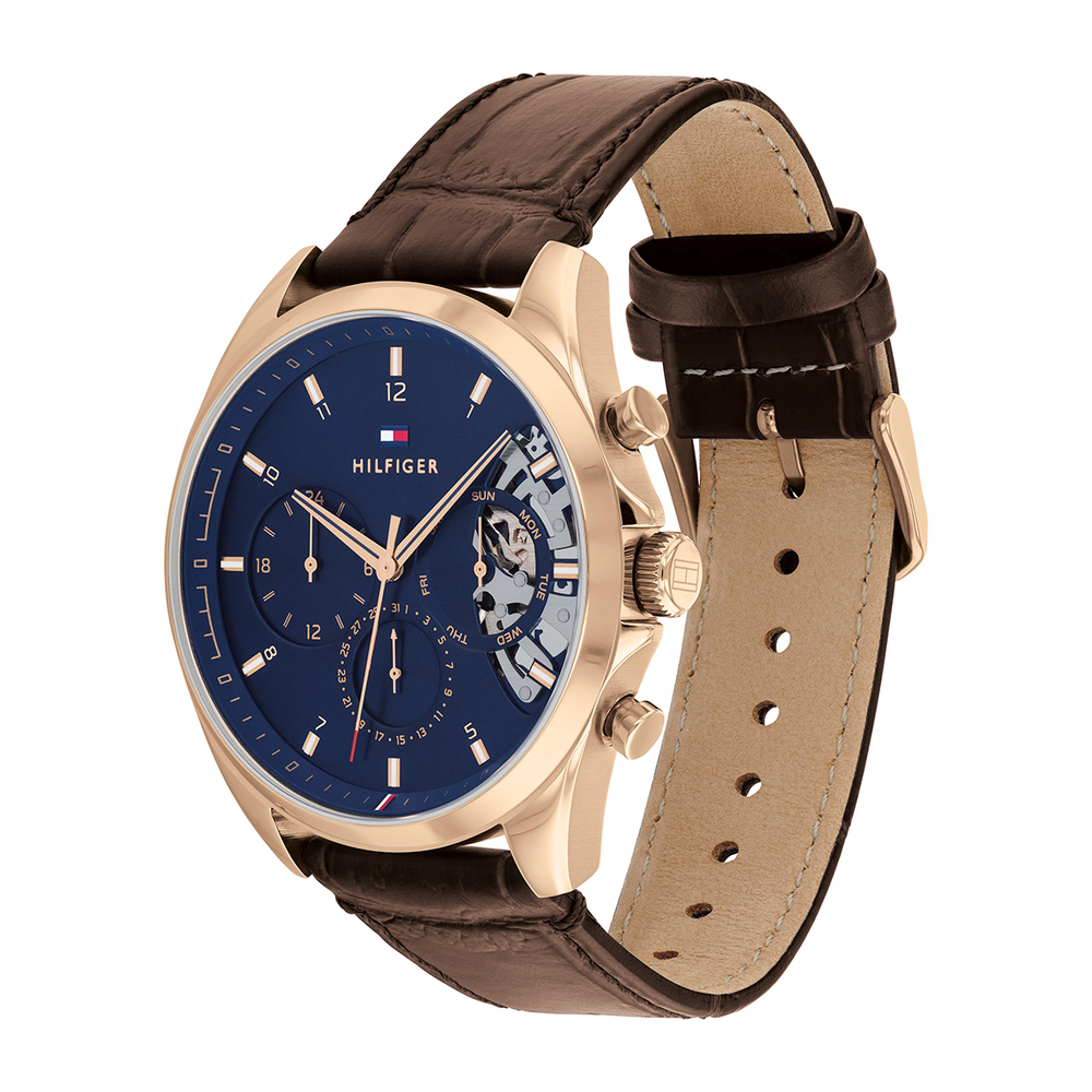 tommy hilfiger men's blue dial brown leather strap watch