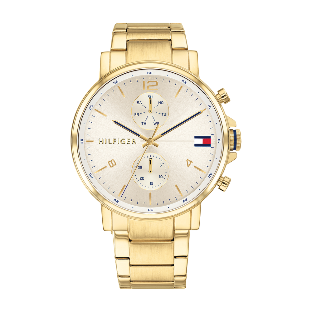 tommy hilfiger men's gold tone black dial chronograph watch